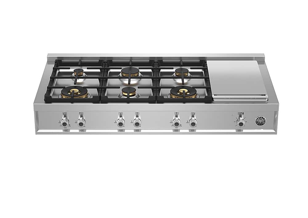Front. Bertazzoni - Professional Series 48” Gas Rangetop with 6 Brass Burners with Electric Griddle. - Stainless Steel.
