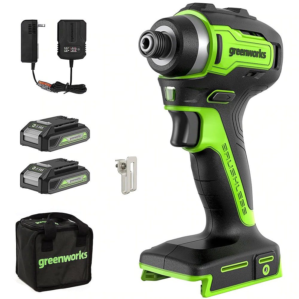 Greenworks - 24-Volt Cordless Brushless 1/4" Impact Driver (2 x 1.5Ah USB Batteries and Charger Included) - Green - Front_Zoom