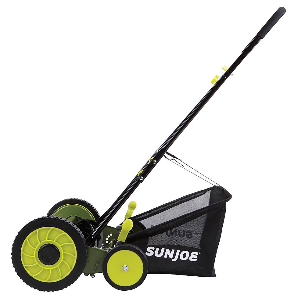 Left. Sun Joe - Manual Reel 18-Inch Push Lawn Mower with Grass Collection Bag - Green.
