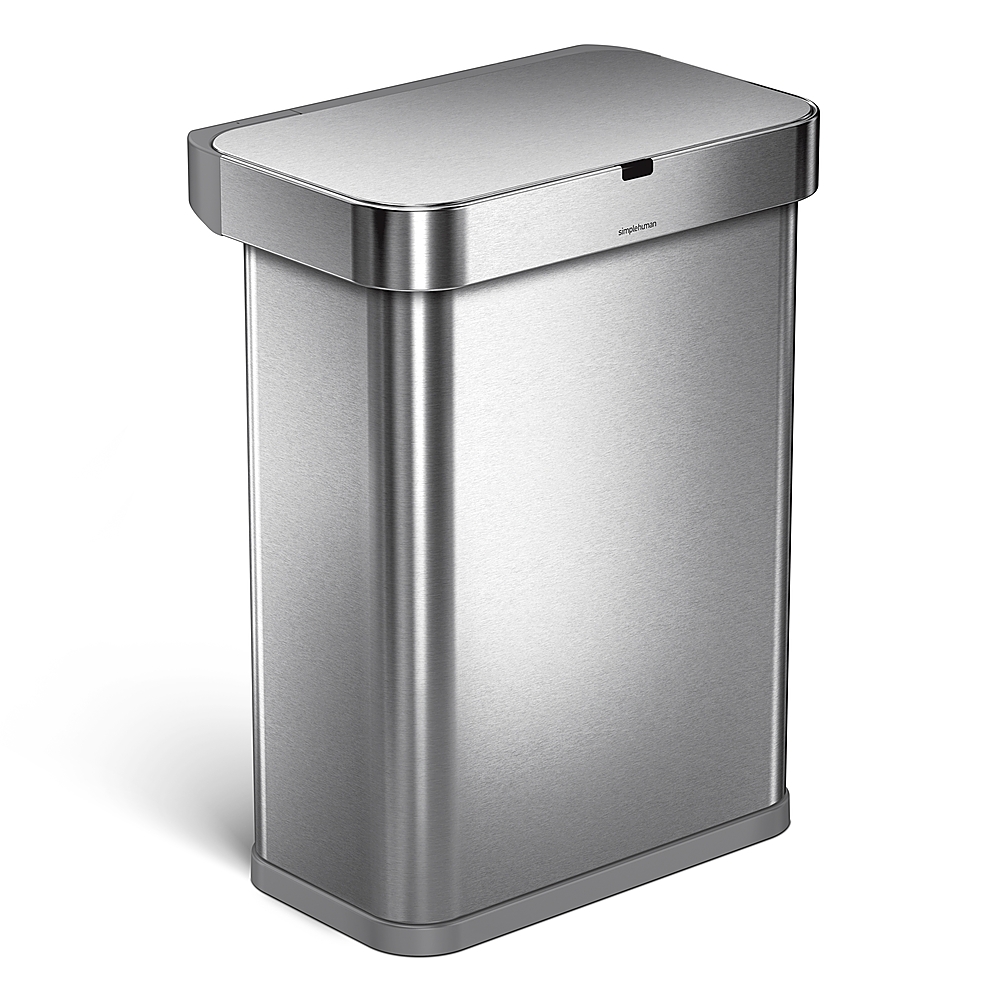 Angle View: simplehuman 58 Liter Rectangular Sensor Can with Voice and Motion Control, Brushed Stainless Steel - Brushed Stainless Steel