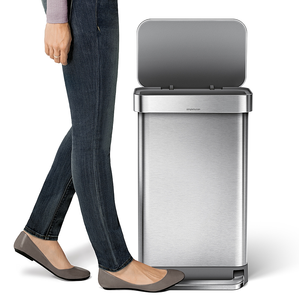 Left View: simplehuman - 45 Liter Rectangular Hands-Free Kitchen Step Trash Can with Soft-Close Lid, Brushed Stainless Steel - Brushed Stainless Steel