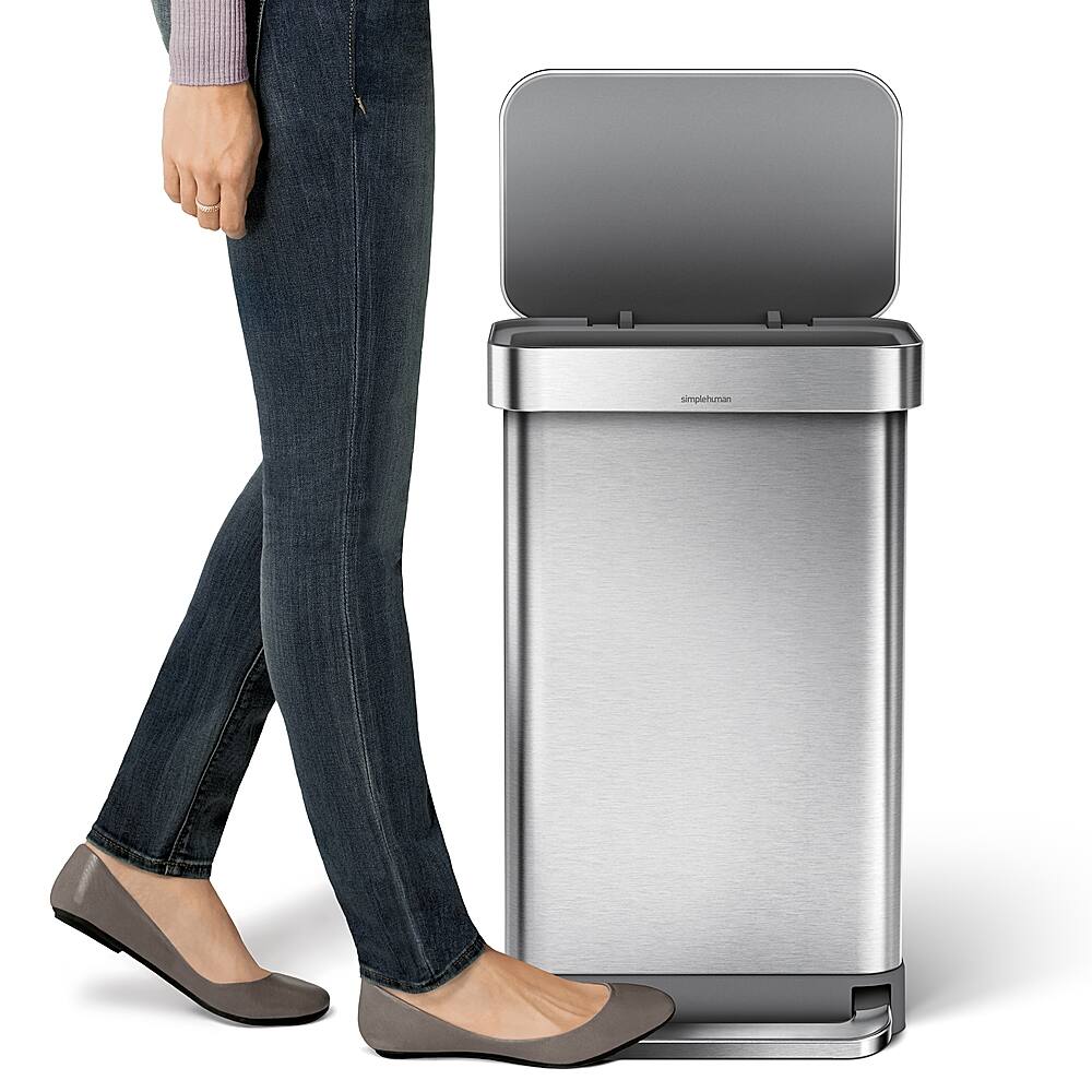 Left. simplehuman - 45 Liter Rectangular Hands-Free Kitchen Step Trash Can with Soft-Close Lid - Brushed Stainless Steel.
