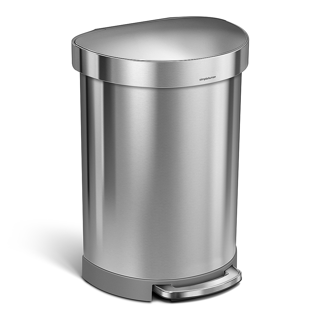 Angle View: simplehuman - 60 Liter Semi-Round Step Can with Liner Rim, Brushed Stainless Steel - Brushed Stainless Steel