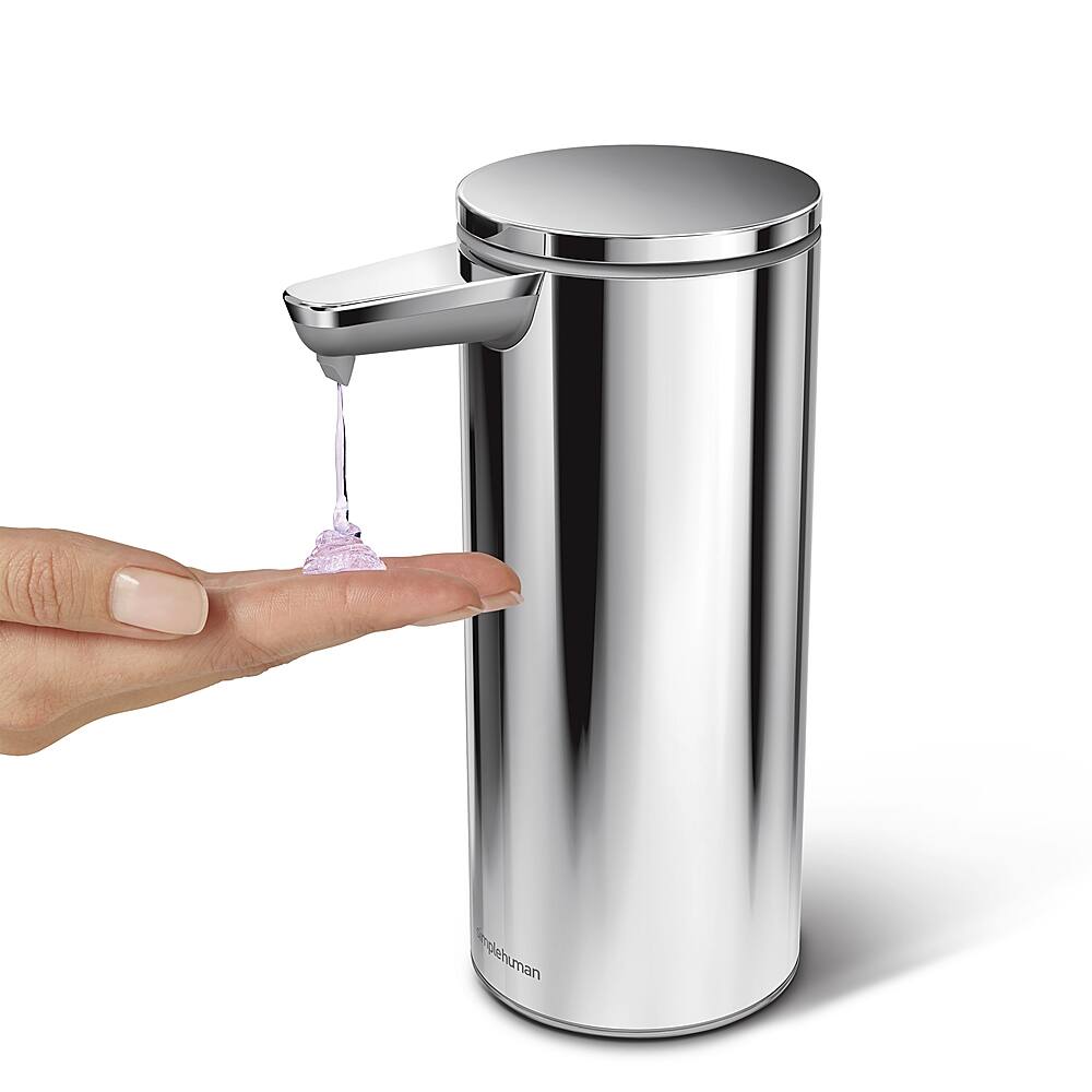 Left. simplehuman - 9 oz. Touch-Free Rechargeable Sensor Liquid Soap Pump Dispenser - Polished Stainless Steel.