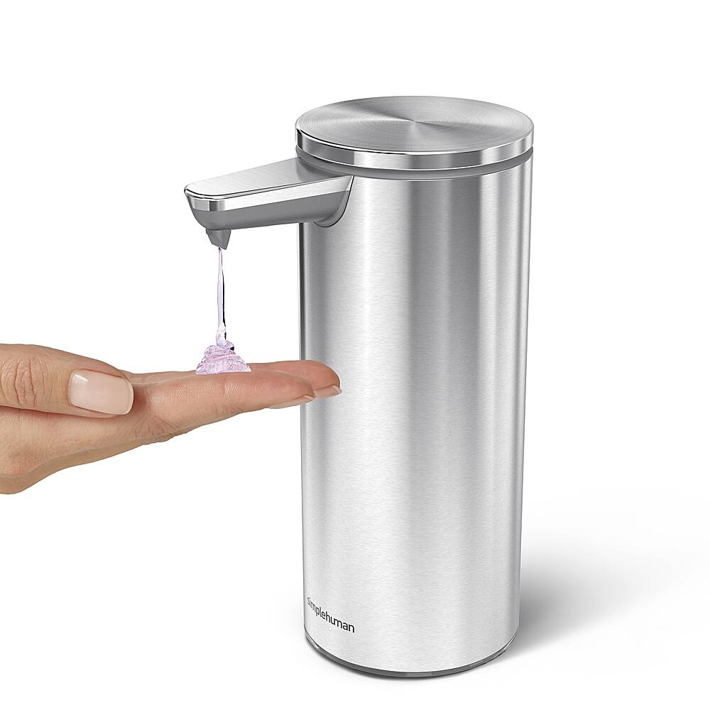 Left. simplehuman - 9 oz. Touch-Free Rechargeable Sensor Liquid Soap Pump Dispenser - Brushed Stainless Steel.