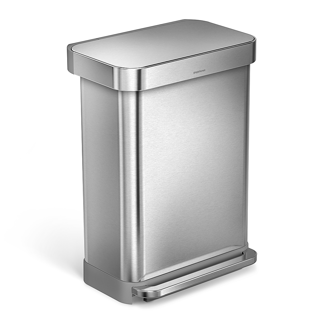 Angle View: simplehuman - 55 Liter Rectangular Hands-Free Kitchen Step Trash Can with Soft-Close Lid, Brushed Stainless Steel - Brushed Stainless Steel