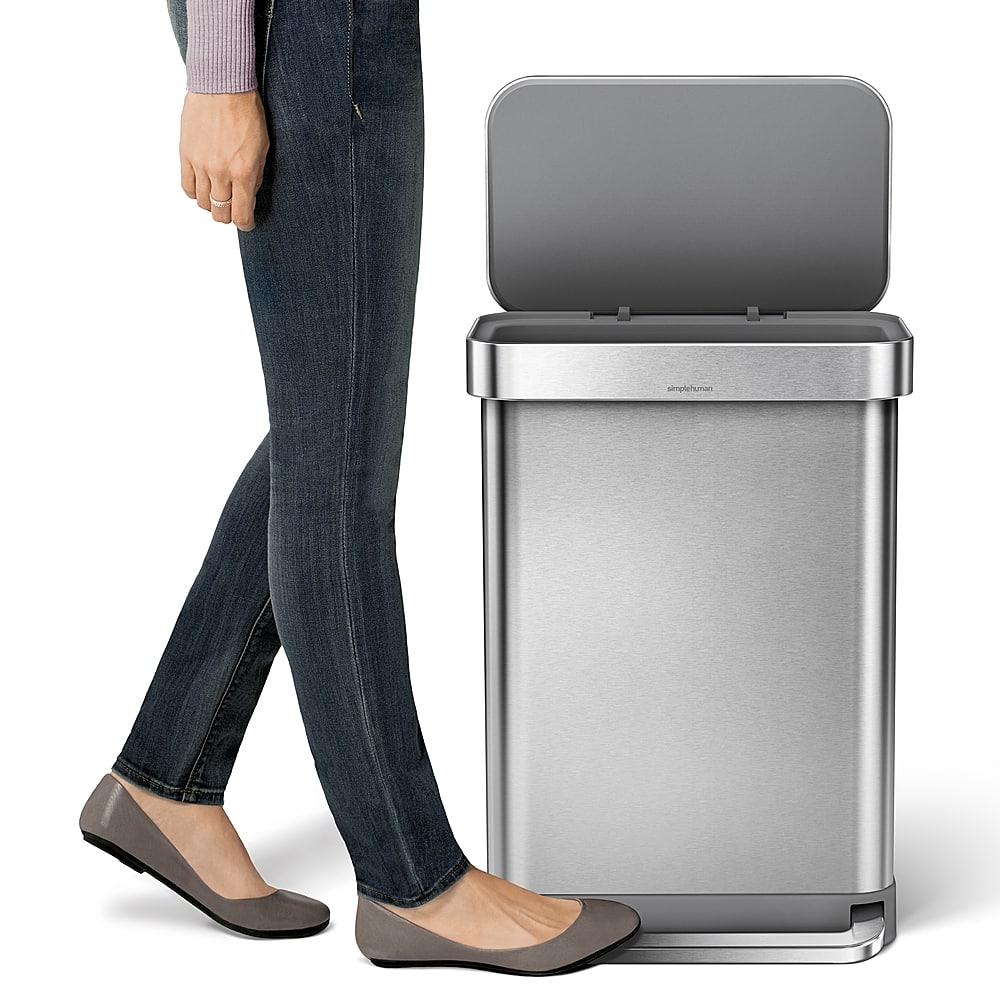 Left. simplehuman - 55 Liter Rectangular Hands-Free Kitchen Step Trash Can with Soft-Close Lid - Brushed Stainless Steel.