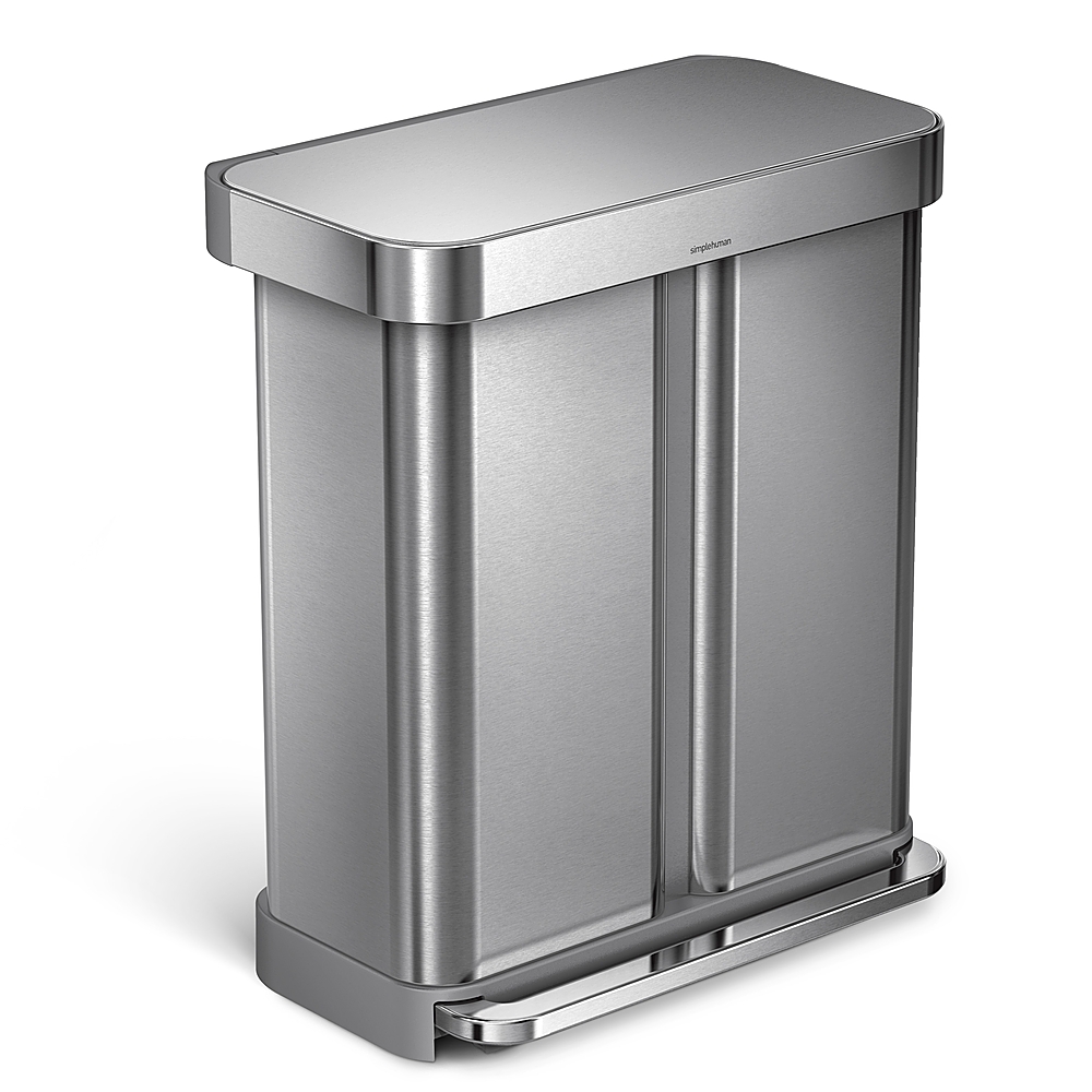 Angle View: simplehuman - 58 L Rectangular Hands-Free Dual Compartment Recycling Kitchen Step Trash Can with Soft-Close Lid - Brushed Stainless Steel