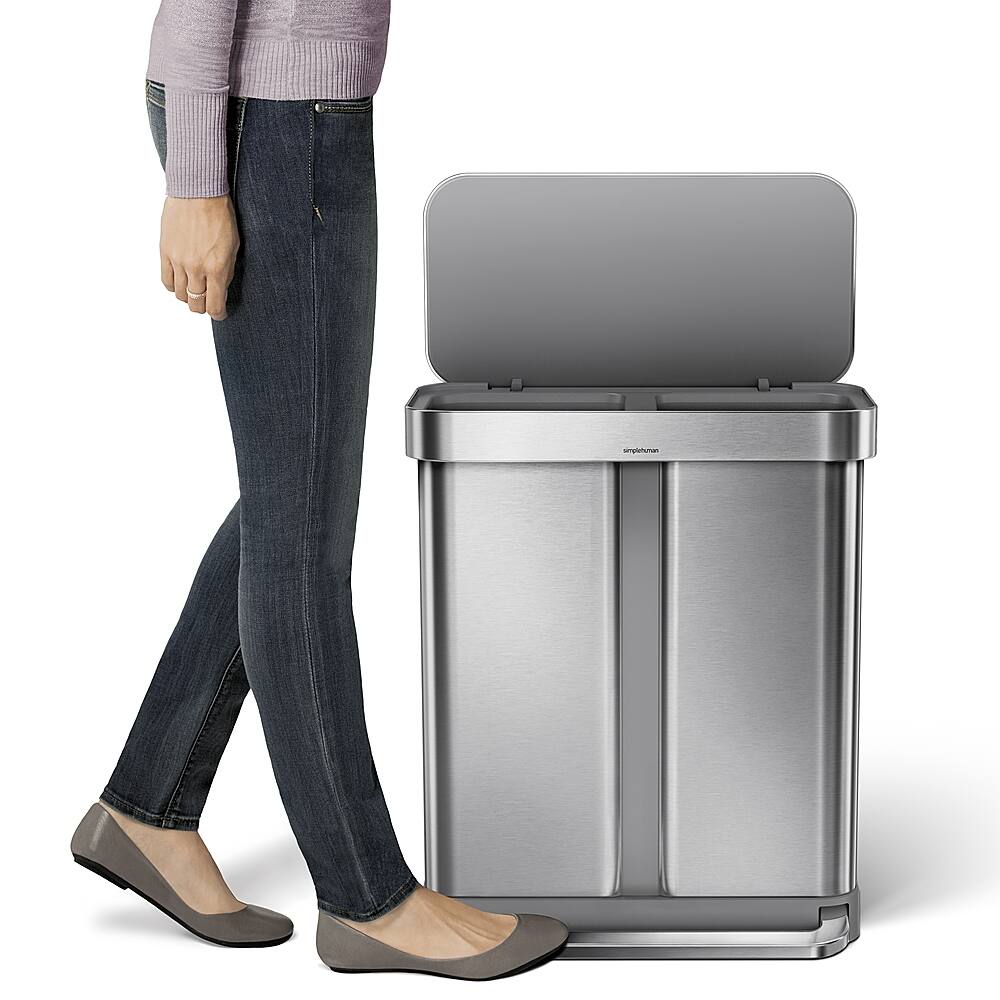 Alt View 12. simplehuman - 58 L Rectangular Hands-Free Dual Compartment Recycling Kitchen Step Trash Can with Soft-Close Lid - Brushed Stainless Steel.