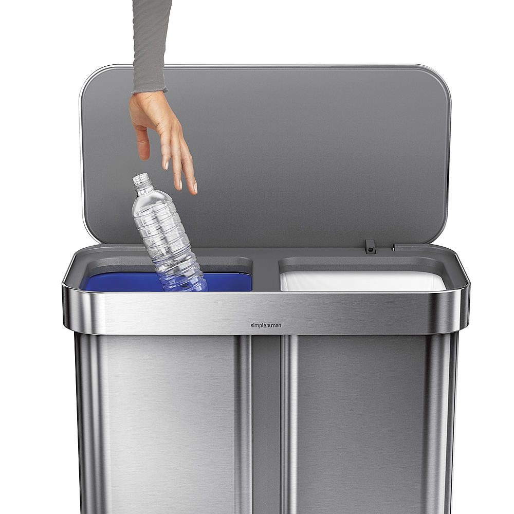 Left View: simplehuman - 58 L Rectangular Hands-Free Dual Compartment Recycling Kitchen Step Trash Can with Soft-Close Lid - Brushed Stainless Steel