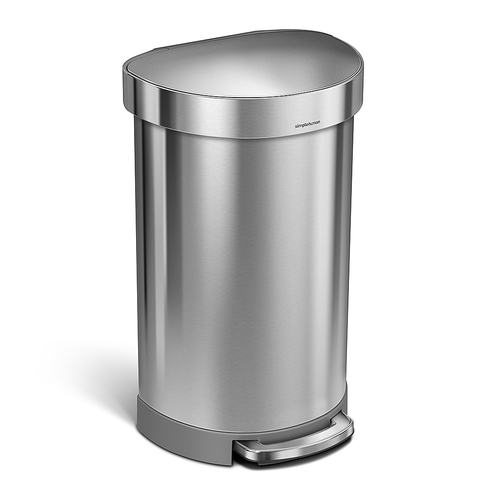 Angle View: simplehuman - 45 Liter Semi-Round Step Can with Liner Rim, Brushed Stainless Steel - Brushed Stainless Steel