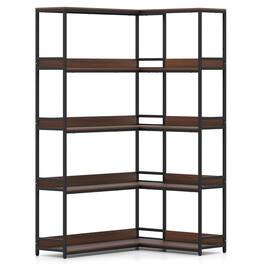 Pefilos - 5-Tier L-Shaped Corner Bookshelf - Metal Frame Industrial Aesthetic, Etagere Storage, Walnut - Brown