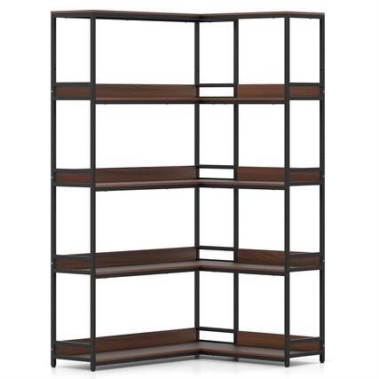 Front. Pefilos - 5-Tier L-Shaped Corner Bookshelf - Metal Frame Industrial Aesthetic, Etagere Storage, Walnut - Brown.