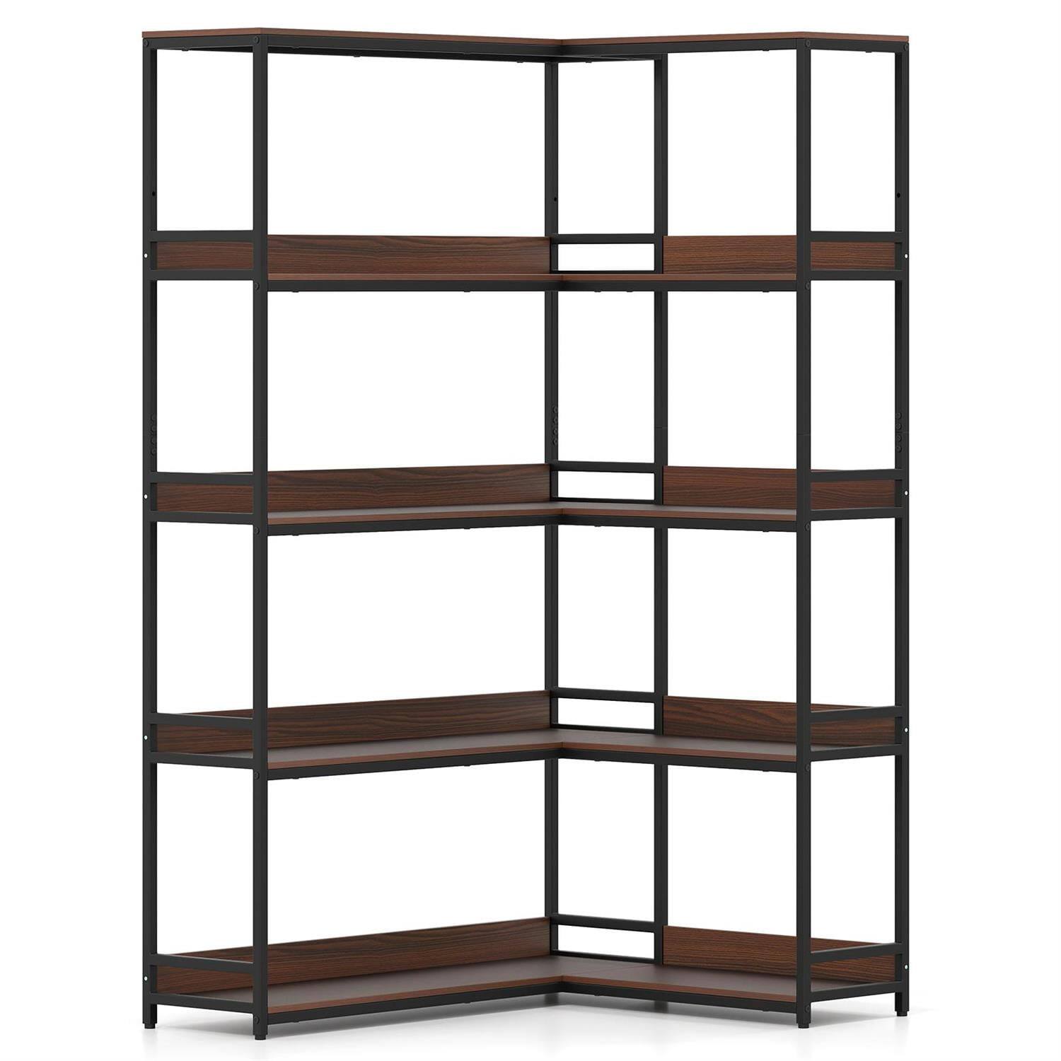 Front. Pefilos - 5-Tier L-Shaped Corner Bookshelf - Metal Frame Industrial Aesthetic, Etagere Storage, Walnut - Brown.
