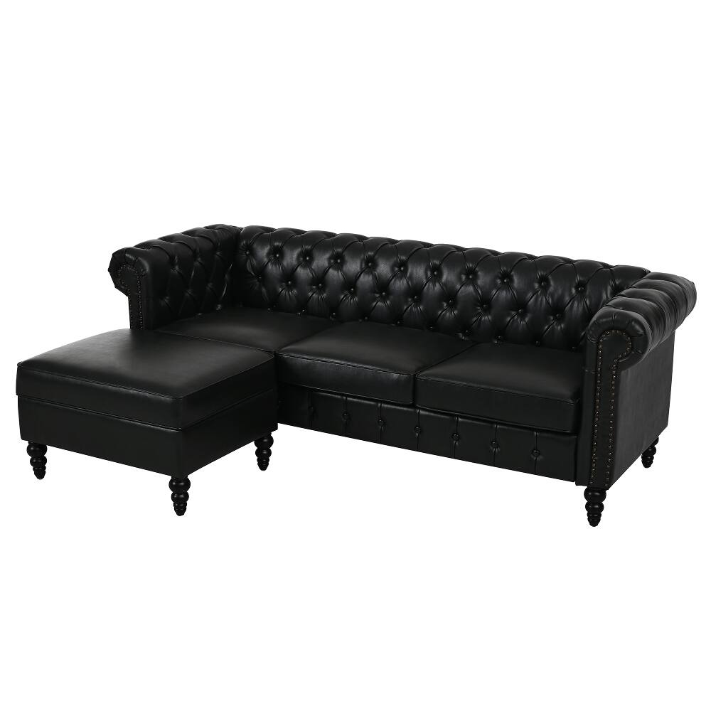 Alt View 2. Loheer - Loheer 85 Inch L-Shaped Sectional Sofa 4-Seater PU Leather Couch with Storage Ottoman - Black.