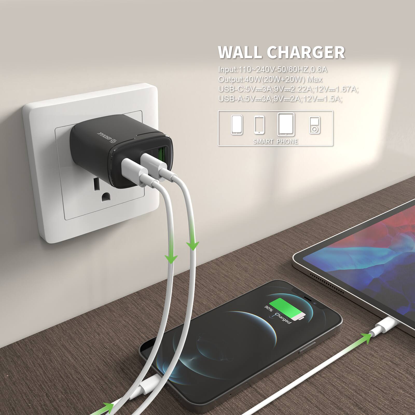 WALL CHARGER

Input: 110~240V-50/60HZ, 0.6A

Output: 40W (20W+20W) Max

USB-C: 5V=3A, 9V=2.22A, 12V=1.67A

USB-A: 5V=3A, 9V=2A, 12V=1.5A

SMART PHONE