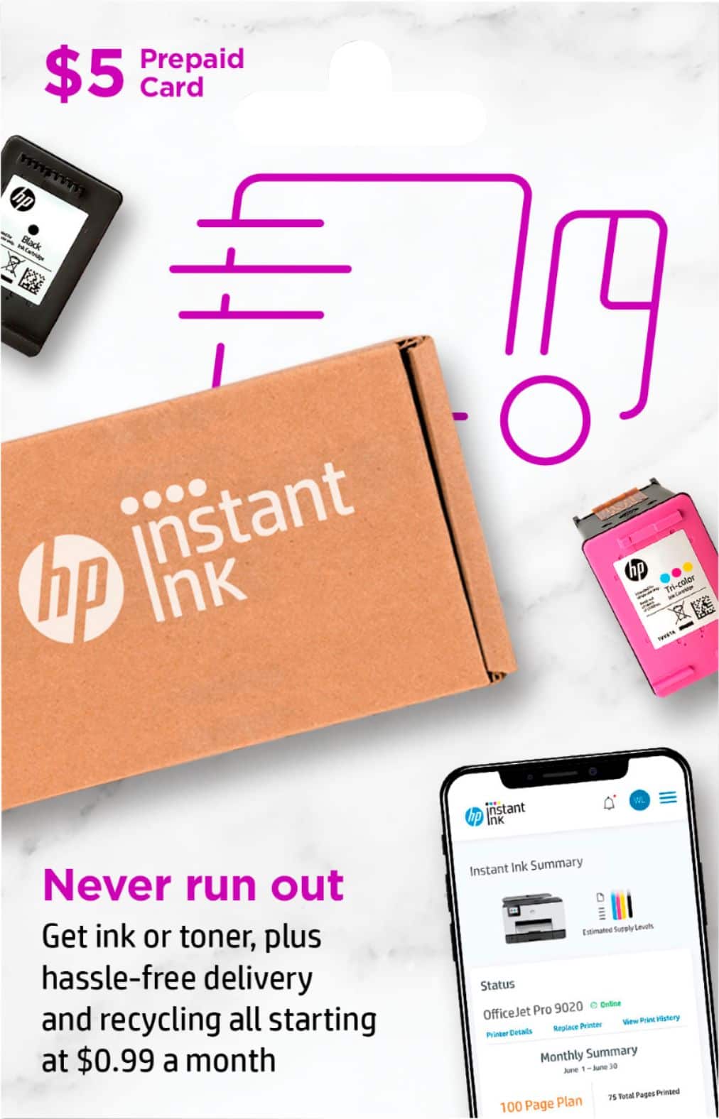 Front. HP - Instant Ink $5 Prepaid Card.