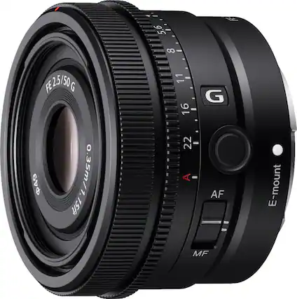 Front. Sony - FE 50mm F2.5 G Full-frame Ultra-compact G Lens for Sony Alpha E-mount Cameras - Black.