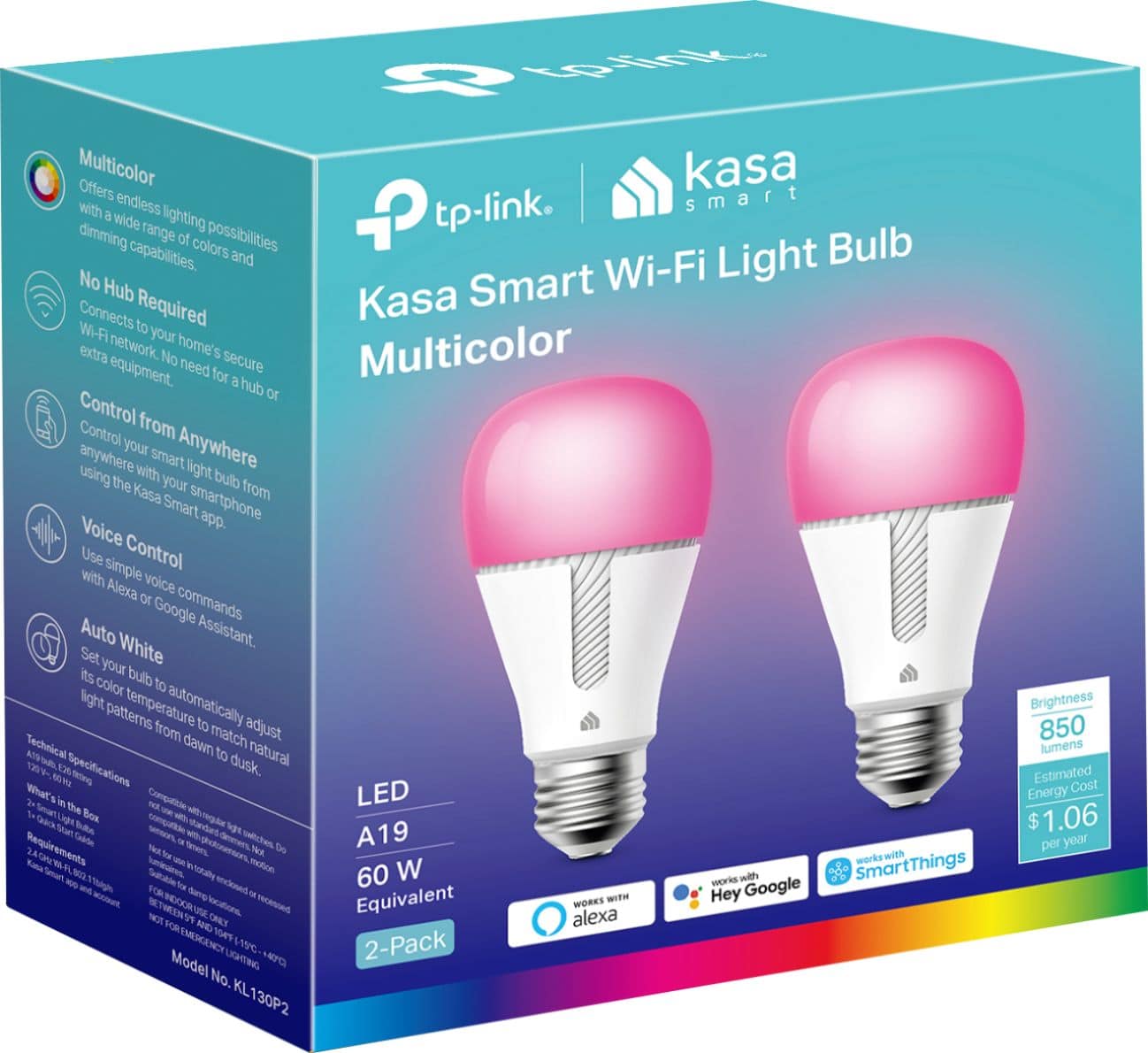 The box contains two kasa smart wi-fi light bulbs, which are compatible with smart home systems such as smartthings and alexa. These bulbs offer a wide range of lighting capabilities, including dimming and multicolor options. They can be controlled from anywhere using the kasa smartphone app or by using voice commands with alexa or google assistant. The bulbs are also designed to automatically adjust their color temperature to match natural light patterns, such as dawn to dusk. The box includes a set of two a19 led bulbs, each with a 60 watt equivalent and a brightness of 850 lumens. The estimated energy cost for these bulbs is $1.06 per year.