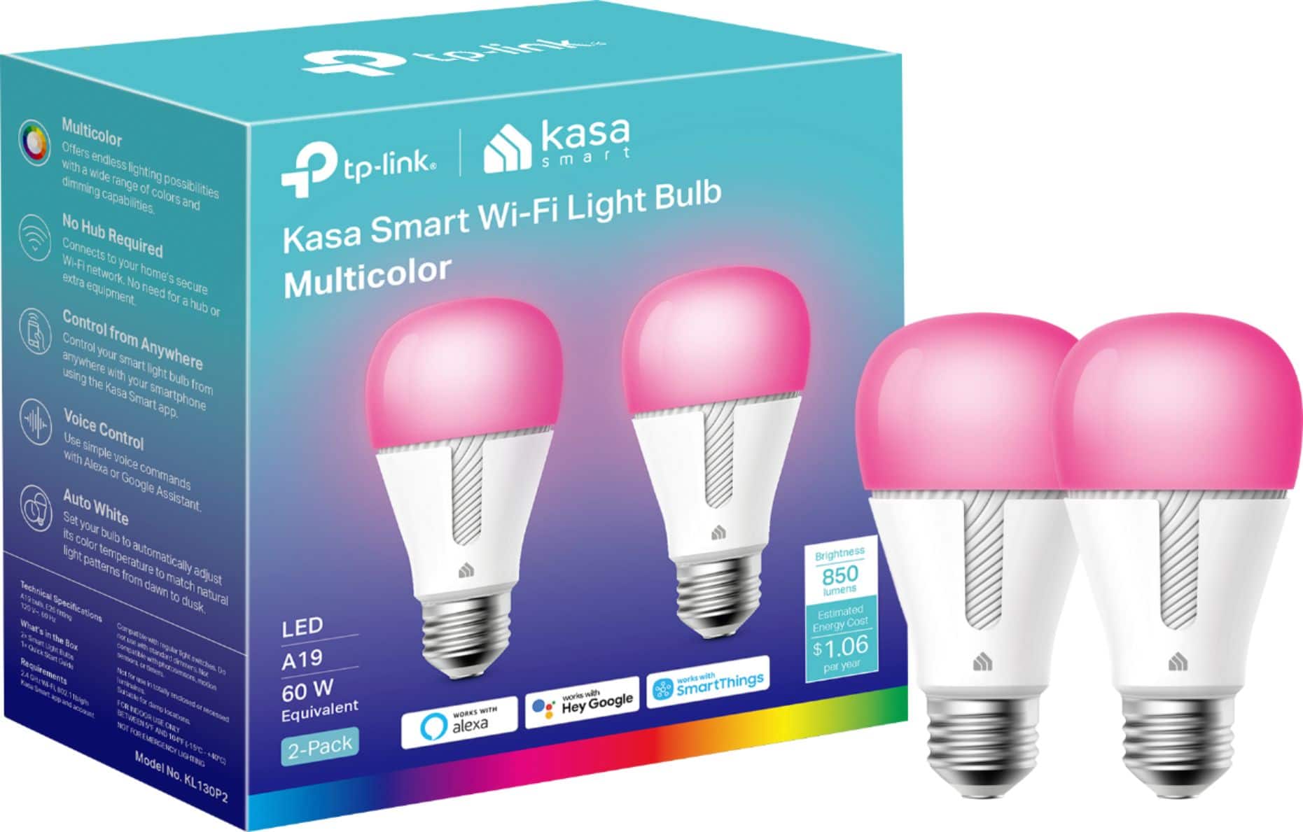 The image features a box containing four pink Kasa Smart Wi-Fi Light Bulbs. These bulbs offer endless possibilities with their smart capabilities, including a wide range of lighting options, dimming, and color control. The bulbs can be controlled from anywhere using a smartphone or voice commands with Alexa or Google Assistant. The box also contains a Smart Wi-Fi Light Hub, which connects to your home's Wi-Fi network and allows you to control additional equipment without the need for a separate hub or control panel. The bulbs are compatible with SmartThings and work with both Alexa and Google Home. The LED bulbs have a brightness of 850 lumens and are equivalent to a 60-watt incandescent bulb. The estimated energy cost per year is $1.06.