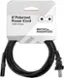 The image features a black cord with a white label that reads "6' Polarized Power Cord 18 AWG/2/2 Prongs BEST BUY M essentials." The cord is hanging, and it appears to be a power cord for electronic devices.