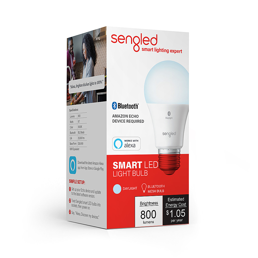 Angle View: Sengled - Smart Bluetooth Mesh LED A19 Bulb - Daylight