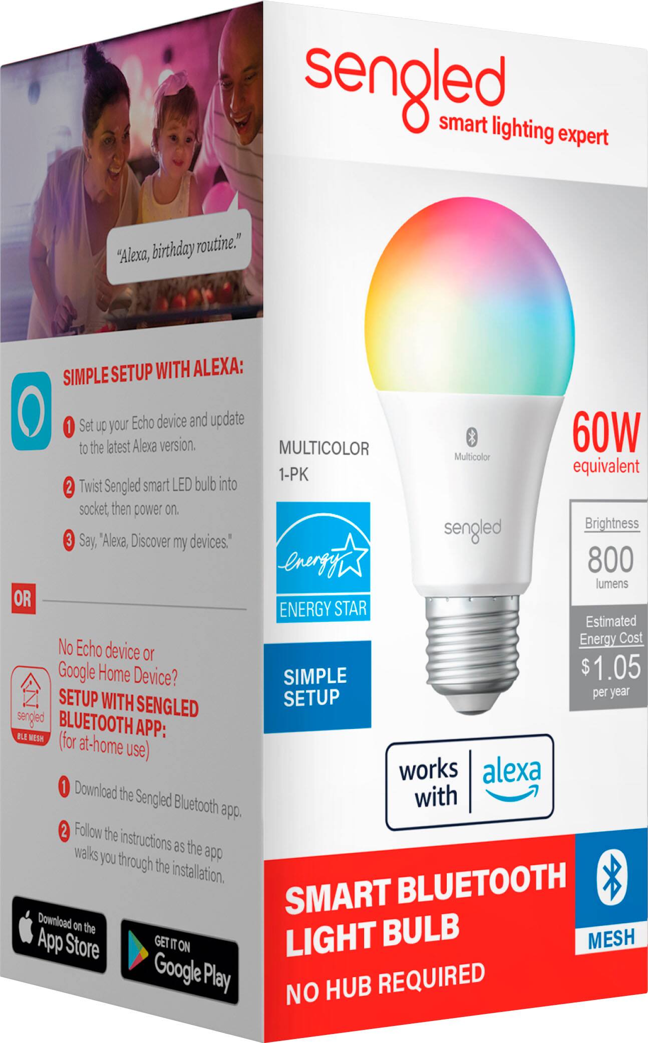 Angle. Sengled - Smart A19 LED 60W Bulb Bluetooth Mesh Works with Amazon Alexa - Multicolor.