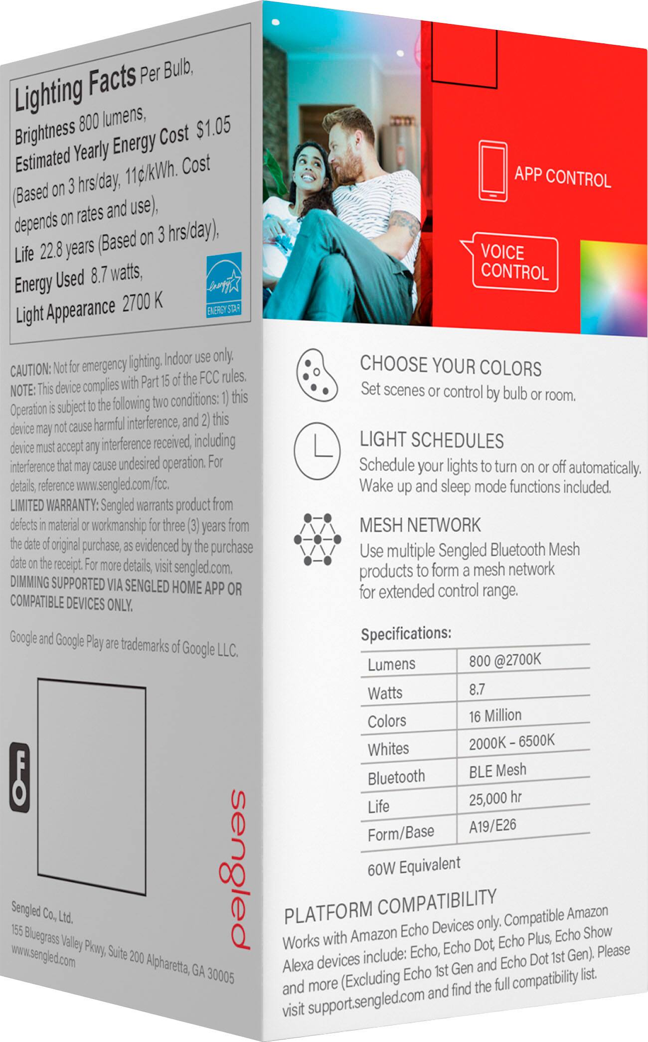 Left. Sengled - Smart A19 LED 60W Bulb Bluetooth Mesh Works with Amazon Alexa - Multicolor.