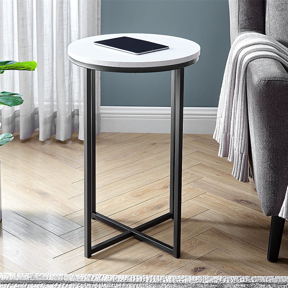 Left View: Walker Edison - 16” Modern Glam Round Faux White Marble Side Table - Faux white marble/black