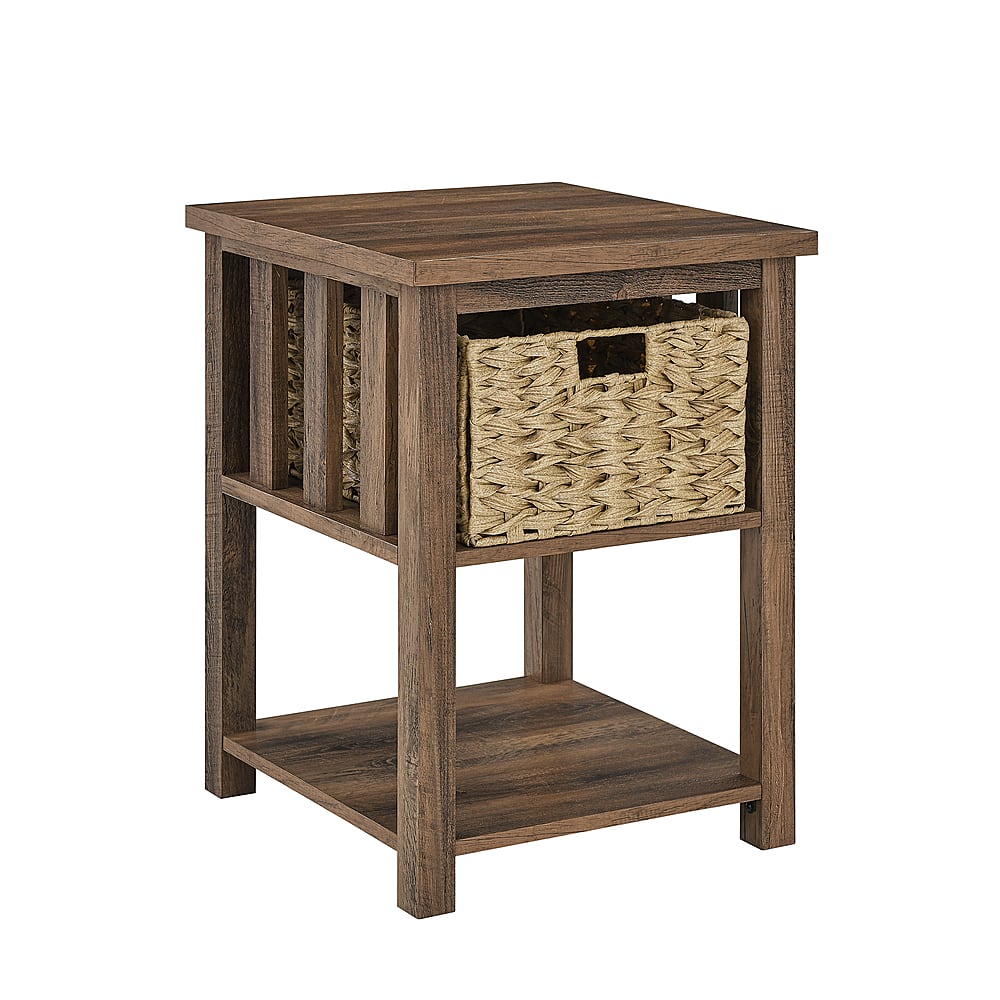 Angle View: Walker Edison - 18” Mission Style Side Table with Storage Basket - Rustic Oak