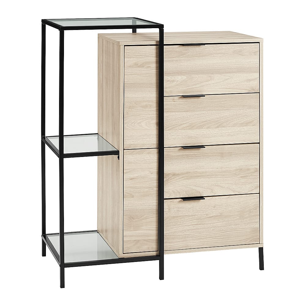 Left View: Walker Edison - 43” Modern 4 Drawer Glass Accent Storage Cabinet - Birch