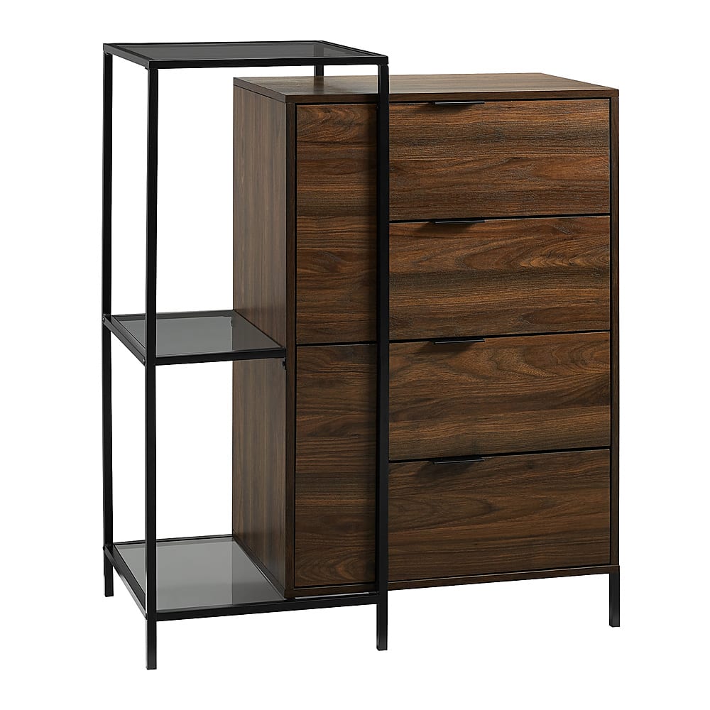 Left View: Walker Edison - 43” Modern 4 Drawer Glass Accent Storage Cabinet - Dark Walnut