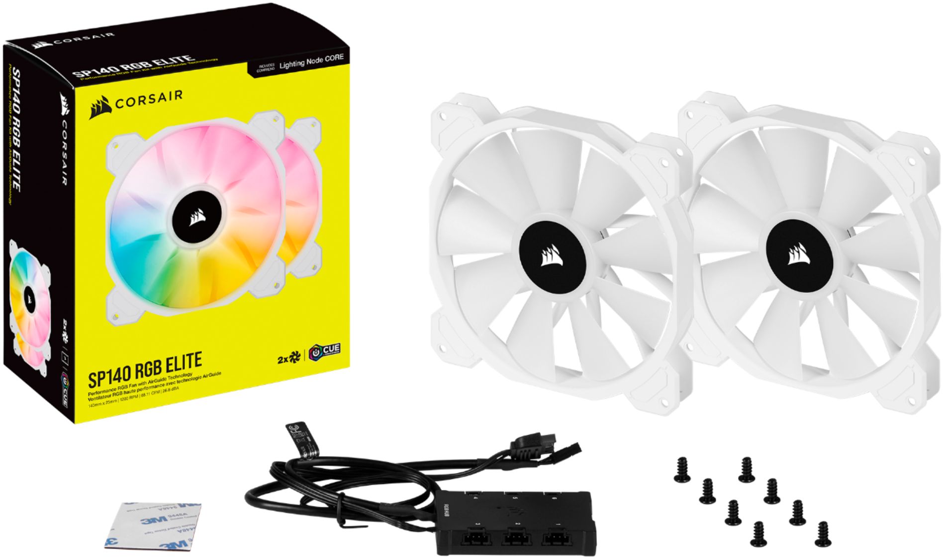 CORSAIR - iCUE SP140 RGB ELITE Performance 140mm White PWM Dual Fan Kit  with iCUE Lighting Node CORE - White