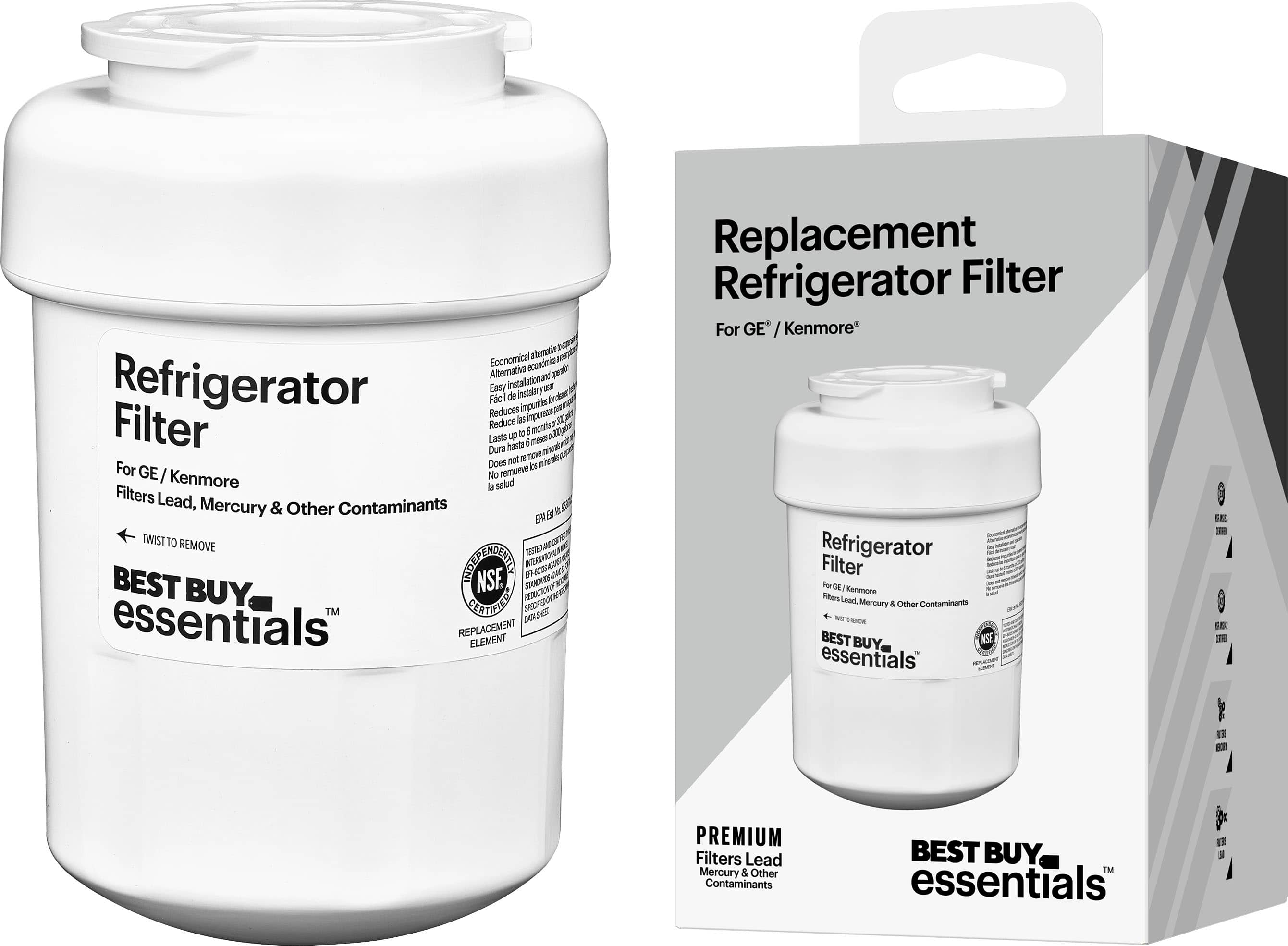 Best Buy essentials™ - NSF 42/53 Water Filter Replacement for Select GE and Kenmore Refrigerators - White - Front_Zoom