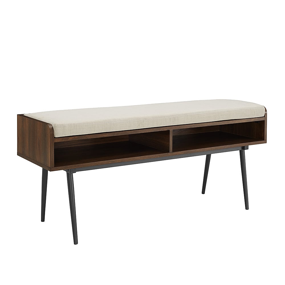 Left View: Walker Edison - 44” Modern Storage Bench with Linen Cushion - Dark Walnut/Oatmeal