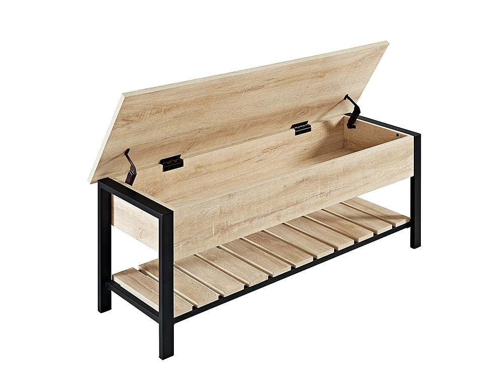 Left View: Walker Edison - Park City 48" Modern Farmhouse Storage Bench - White Oak