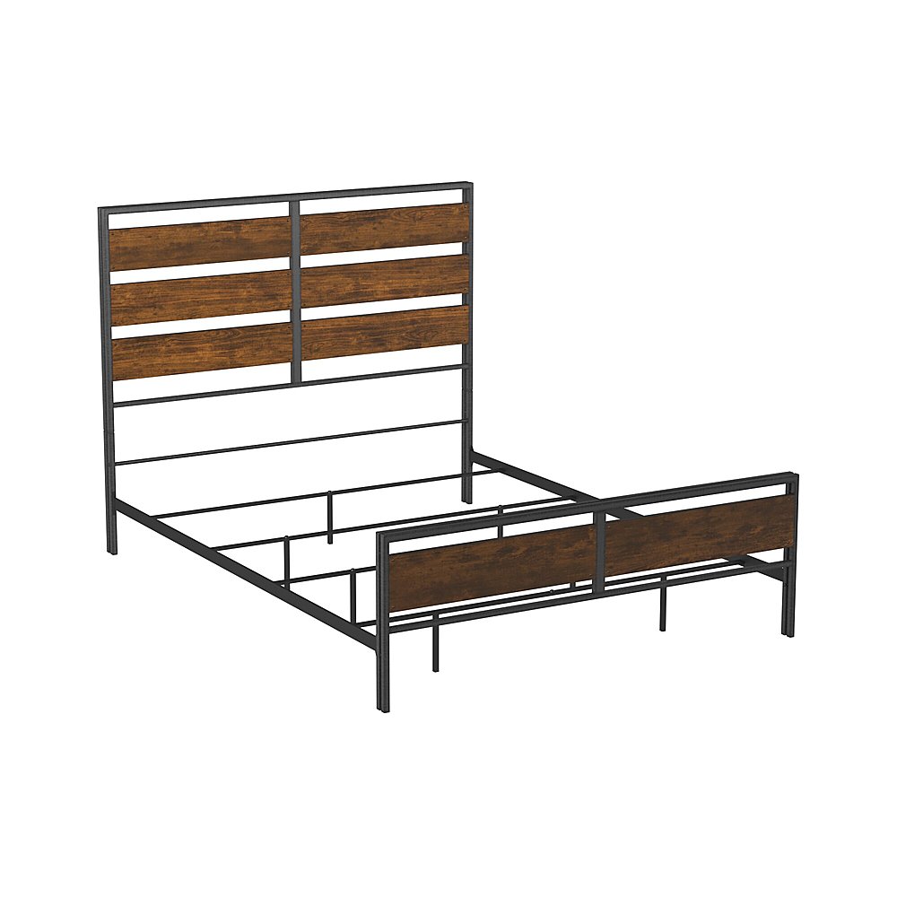 Left View: Walker Edison - Industrial Queen Size Metal and Wood Plank Bed - Brown