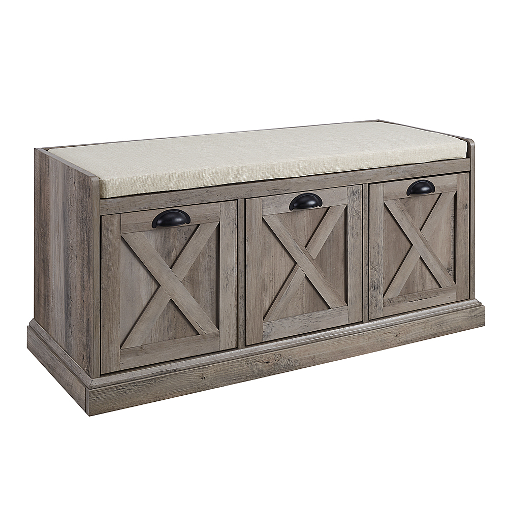 Angle View: Walker Edison - 40” Farmhouse Storage Bench with Top Cushion - Grey Wash/Oatmeal Linen
