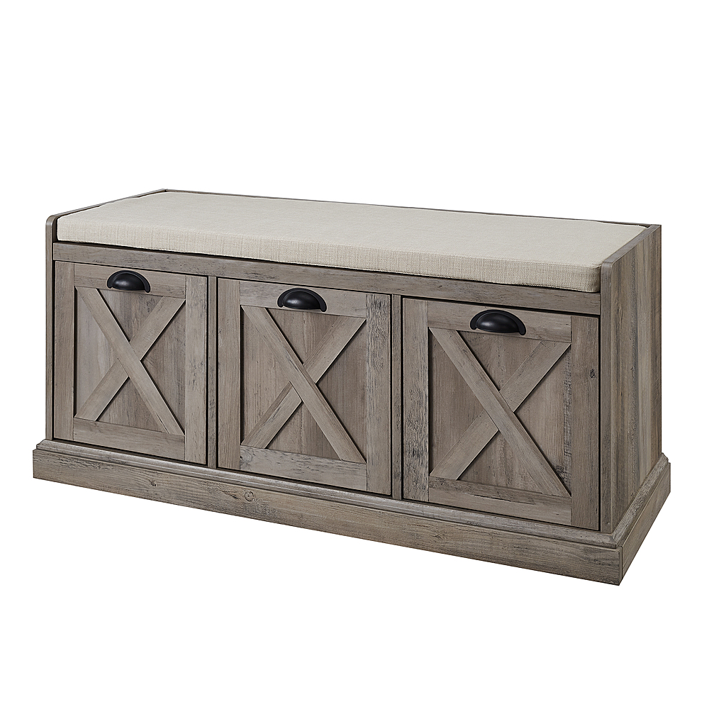 Left View: Walker Edison - 40” Farmhouse Storage Bench with Top Cushion - Grey Wash/Oatmeal Linen