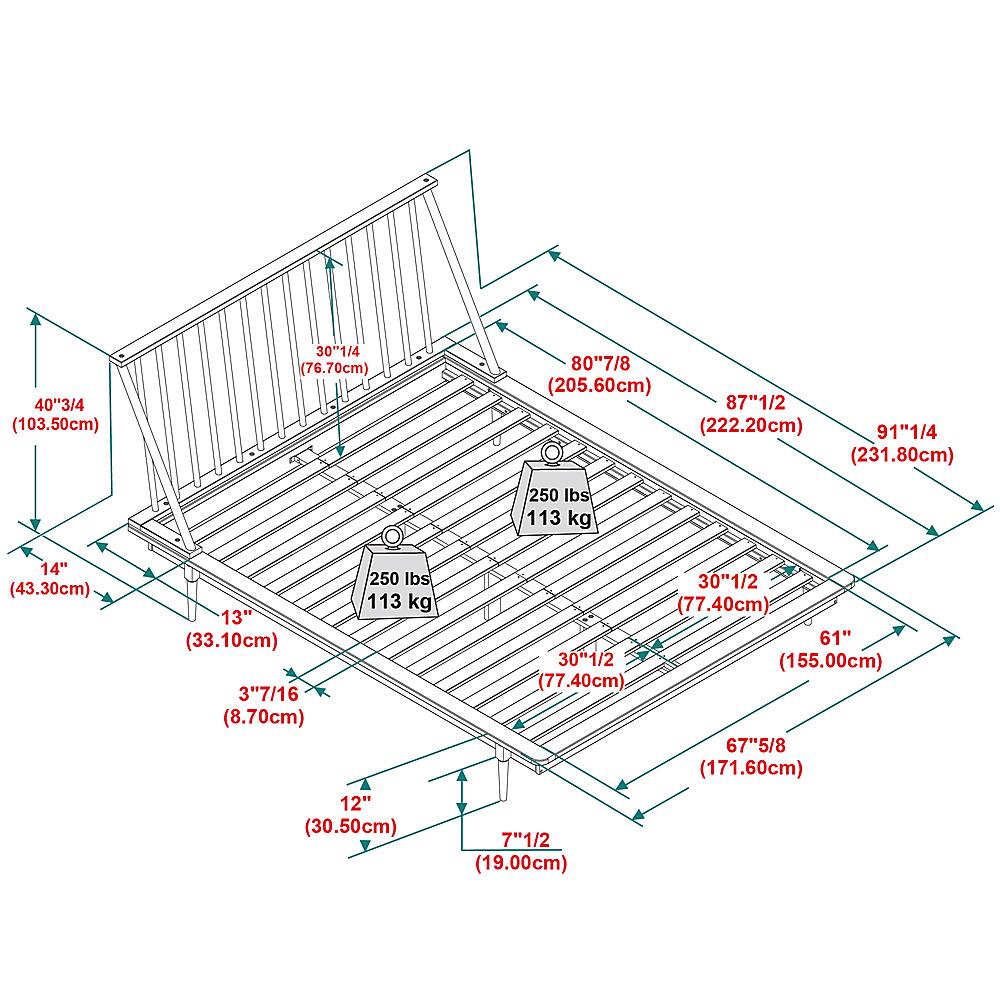 The text on the image is grouped and corrected as follows:
1. 40"3/4 (103.50cm)
2. 30"1/4 (76.70cm)
3. 80"7/8 (205.60cm)
4. 87"1/2 (222.20cm)
5. 91"1/4 (231.80cm)
6. 250 lbs (113 kg)
7. 14" (43.30cm)
8. 250 lbs (113 kg)
9. 13" (33.10cm)
10. 3"7/16 (8.70cm)
11. 12" (30.50cm)
12. 30"1/2 (77.40cm)
13. 61" 30"1/2 (155.00cm) (77.40cm)
14. 67"5/8 (171.60cm)
15. 7"1/2 (19.00cm)
