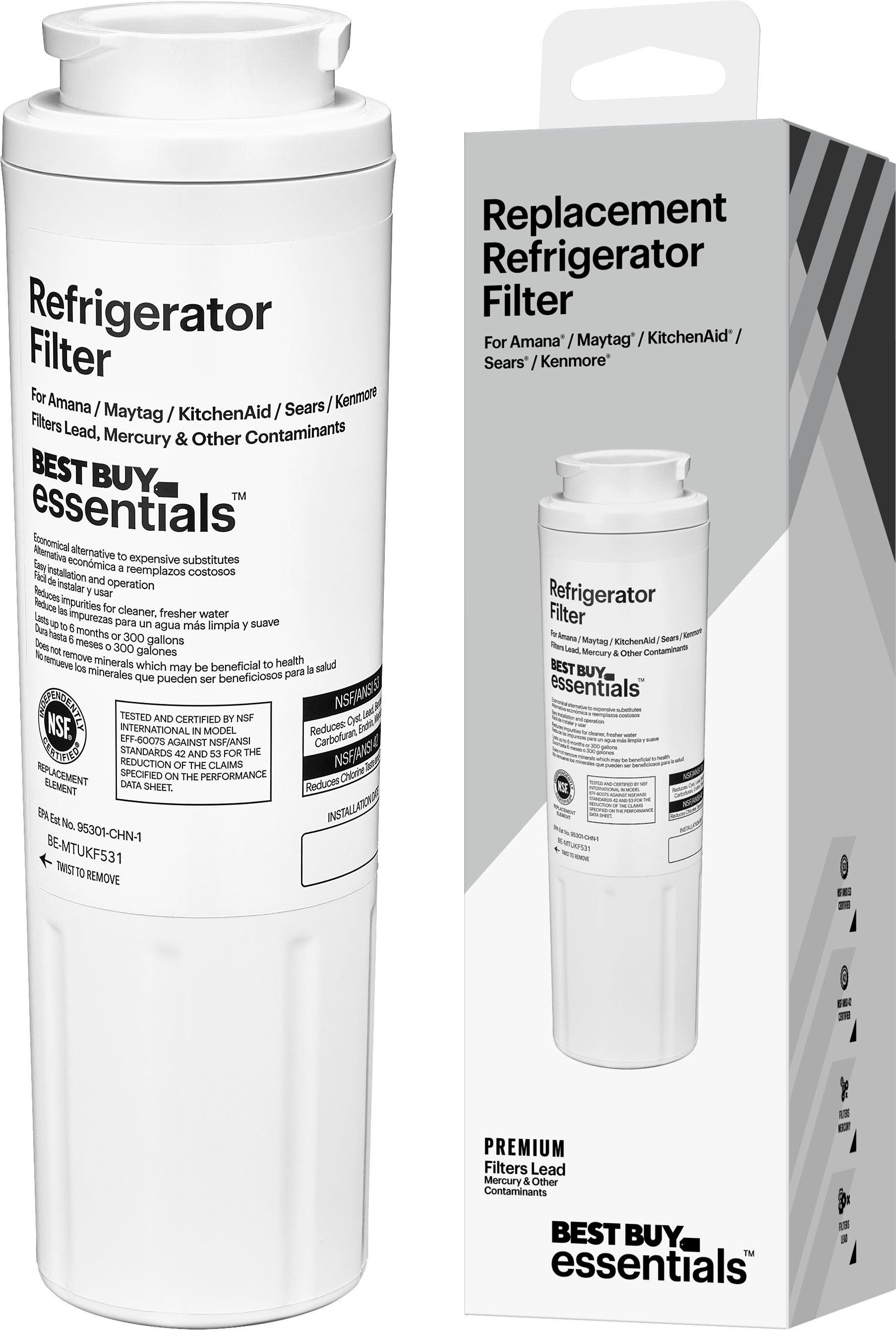 Best Buy Essentials - NSF 42/53 Water Filter Replacement for Select Amana/Maytag, KitchenAid and Sears/Kenmore Refrigerators - White