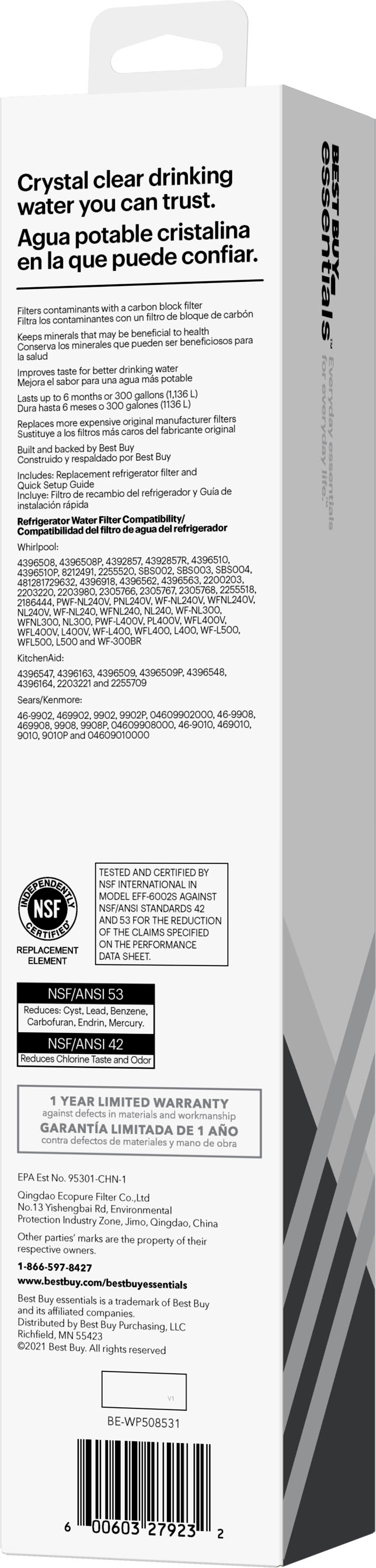 Best Buy Essentials - NSF 42/53 Water Filter Replacement for Select Amana/Maytag, KitchenAid and Sears/Kenmore Refrigerators - White