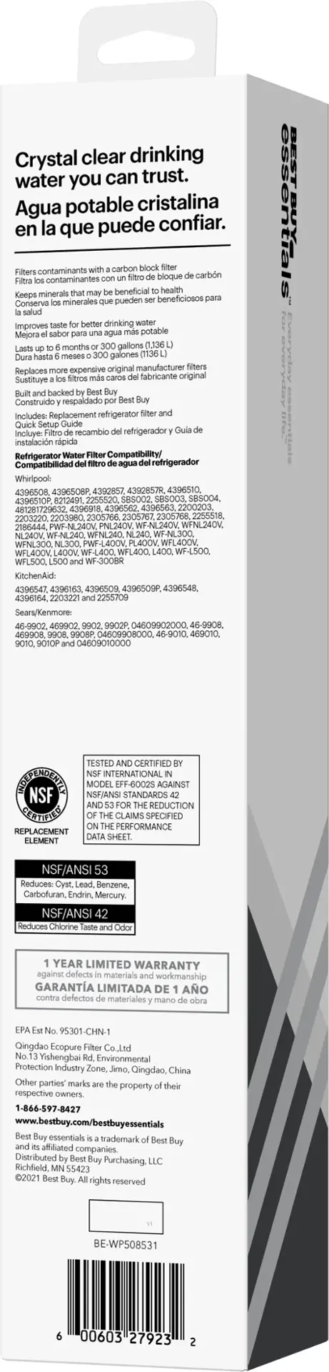 Alt View 16. Best Buy essentials™ - NSF 42/53 Water Filter Replacement for Select Whirlpool, KitchenAid and Sears/Kenmore Refrigerators - White.