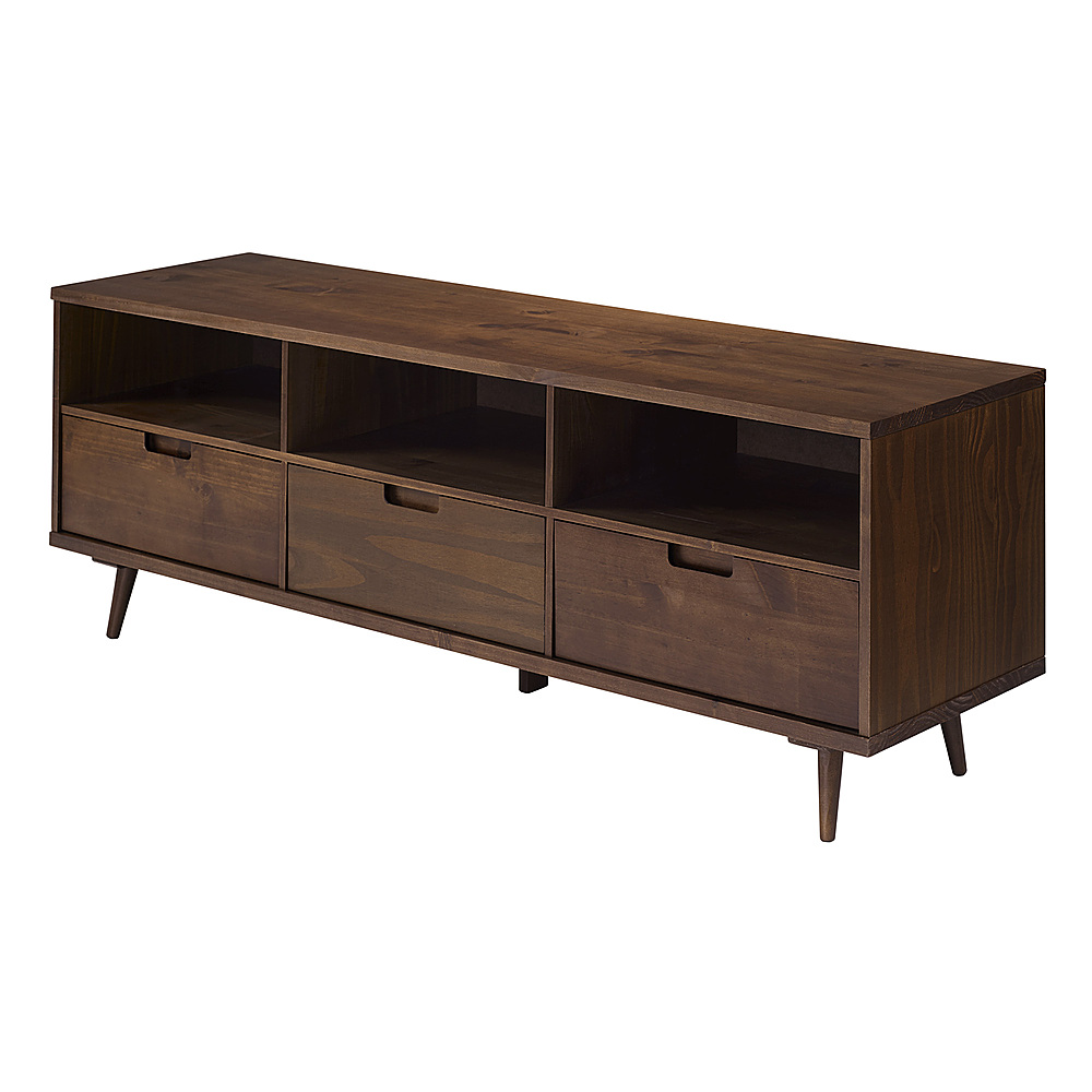 Angle View: Walker Edison - Mid Century Modern 3 Drawer Solid Wood Console for TVs up to 80" - Walnut