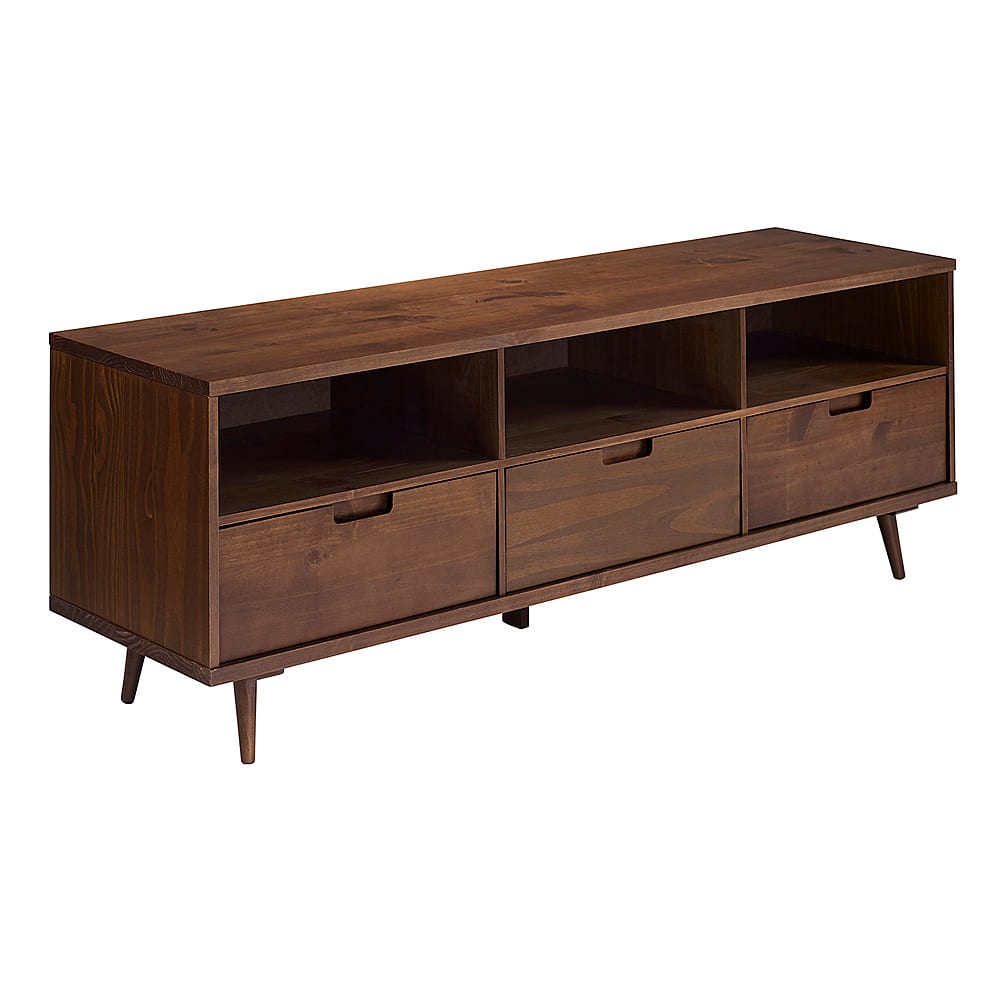 Left View: Walker Edison - Mid Century Modern 3 Drawer Solid Wood Console for TVs up to 80" - Walnut