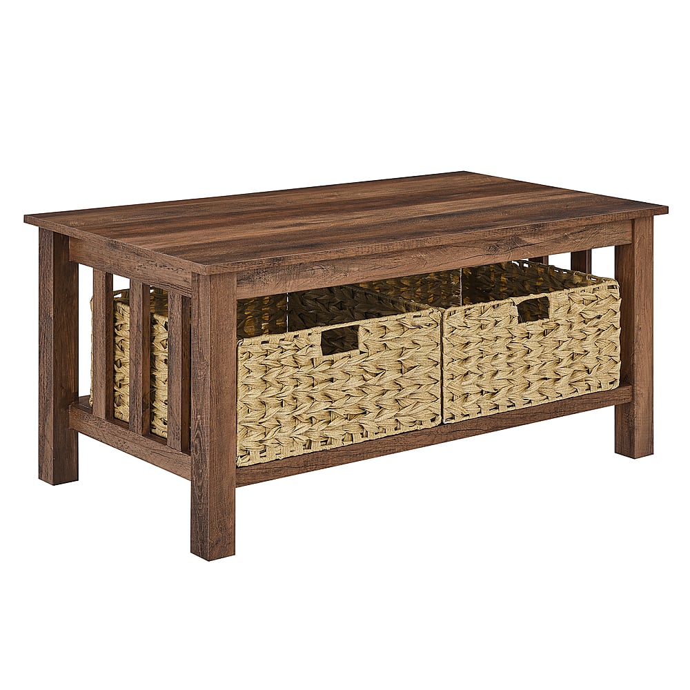 Angle View: Walker Edison - 40” Mission Style Coffee Table with Storage Bins - Rustic Oak