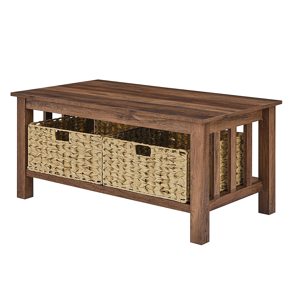 Left View: Walker Edison - 40” Mission Style Coffee Table with Storage Bins - Rustic Oak