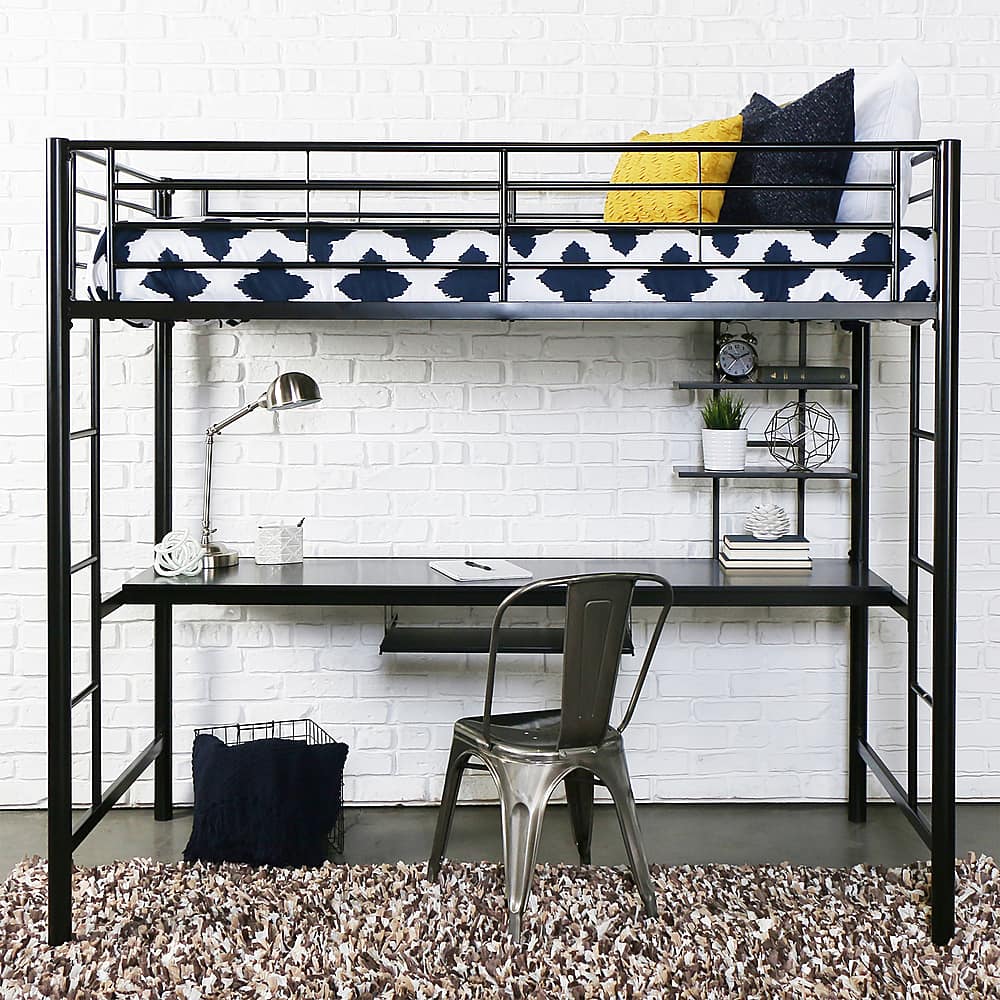 Walker Edison - Premium Metal Twin Loft Bed with Workstation - Black