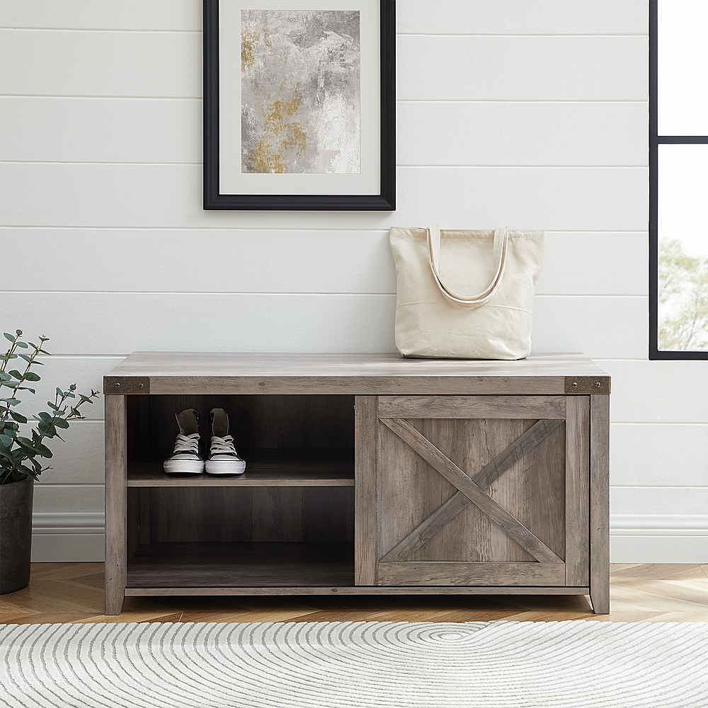 Gray Wash Entryway Bench and Storage Bins