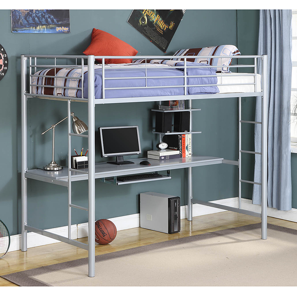 Walker Edison - Premium Metal Twin Loft Bed with Workstation - Silver